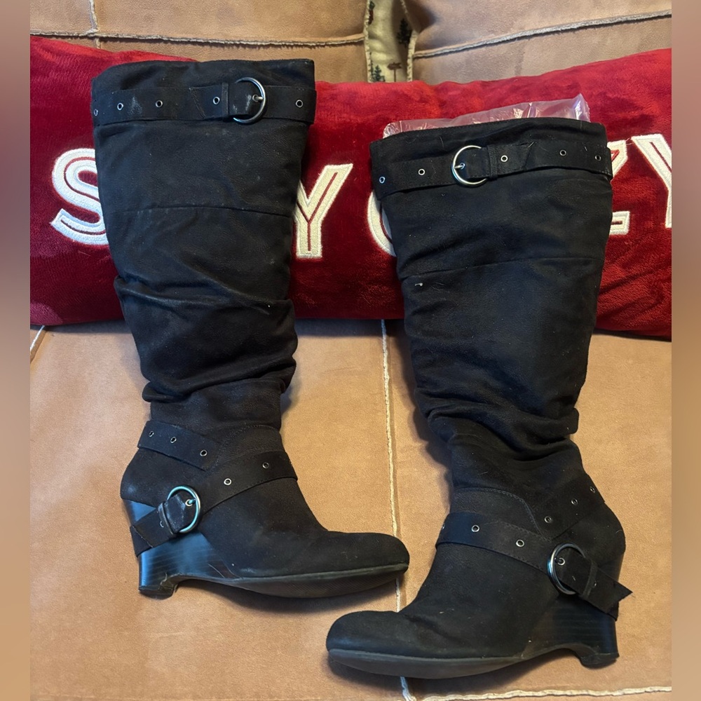 Decree Black Heeled Boots with Buckle Detail